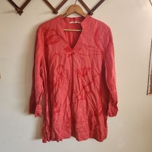 Soft Sourroundings Popover Tunic Lyocell Embroidered Dark Pink Large L